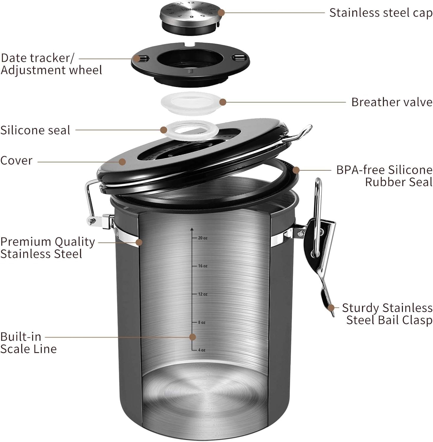 Foto 5 | Bote De Café Veken Hermético De Acero Inoxidable  650 Ml  Gris - Venta Internacional.