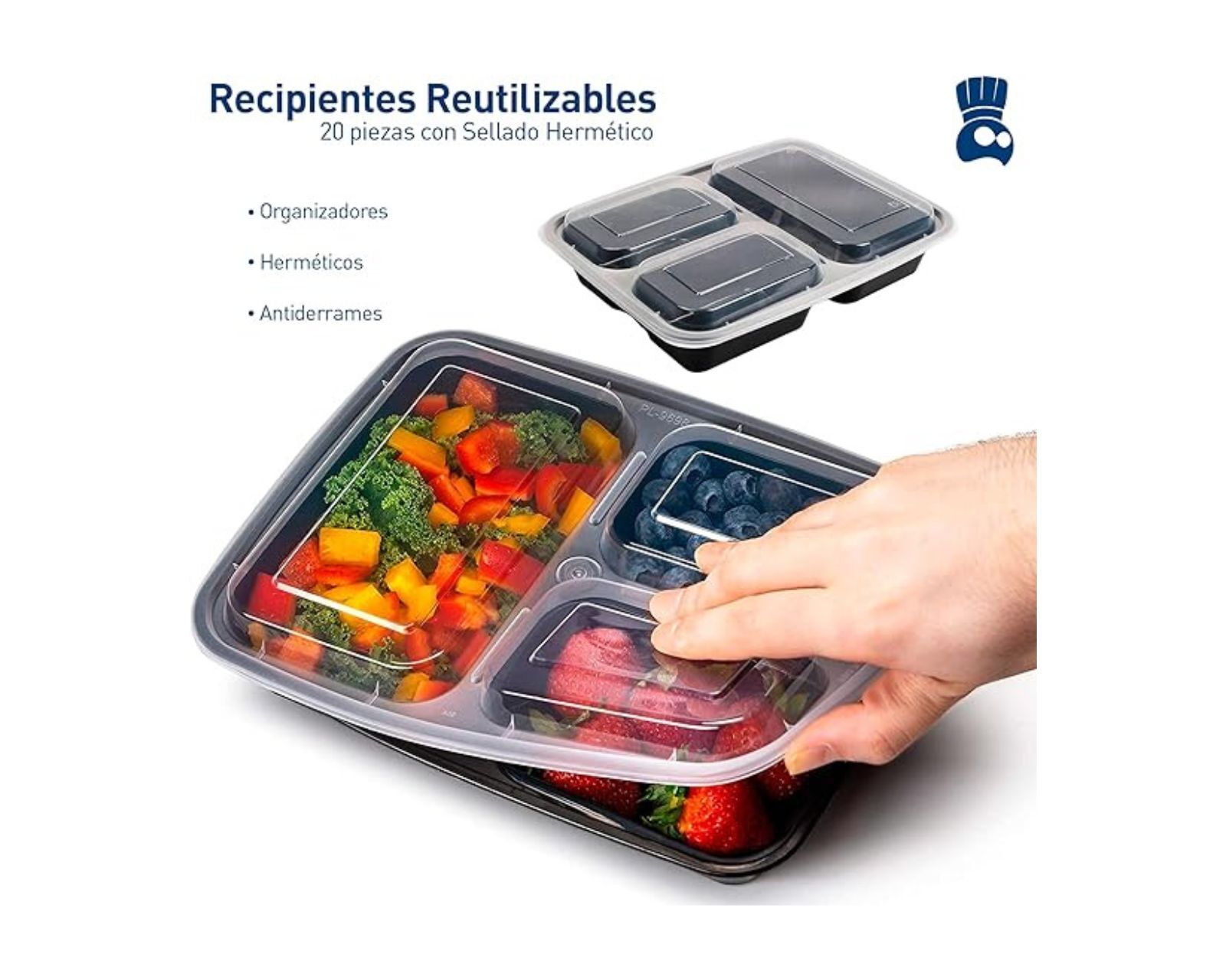 Foto 3 pulgar | Bluelander Contenedores Para Alimentos Set De 20 Piezas Con 3 Divisiones Reutilizables, Juego De 20 Piezas, Rect