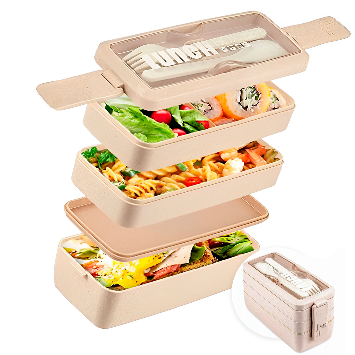 Foto 2 pulgar | Lunch Box 3 Niveles Topper 1000ml Lonchera Bamboo Cubiertos Crema