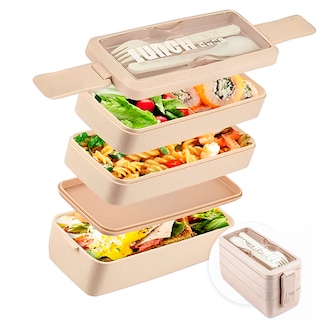 Foto 1 | Lunch Box 3 Niveles Topper 1000ml Lonchera Bamboo Cubiertos Crema