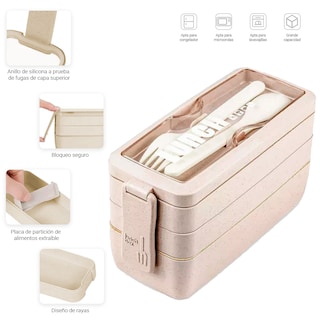 Foto 2 | Lunch Box 3 Niveles Topper 1000ml Lonchera Bamboo Cubiertos Crema