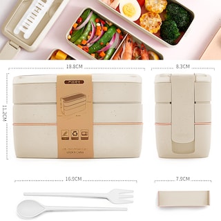 Foto 3 | Lunch Box 3 Niveles Topper 1000ml Lonchera Bamboo Cubiertos Crema