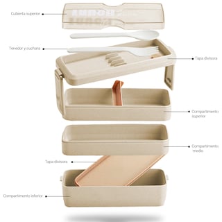 Foto 4 | Lunch Box 3 Niveles Topper 1000ml Lonchera Bamboo Cubiertos Crema