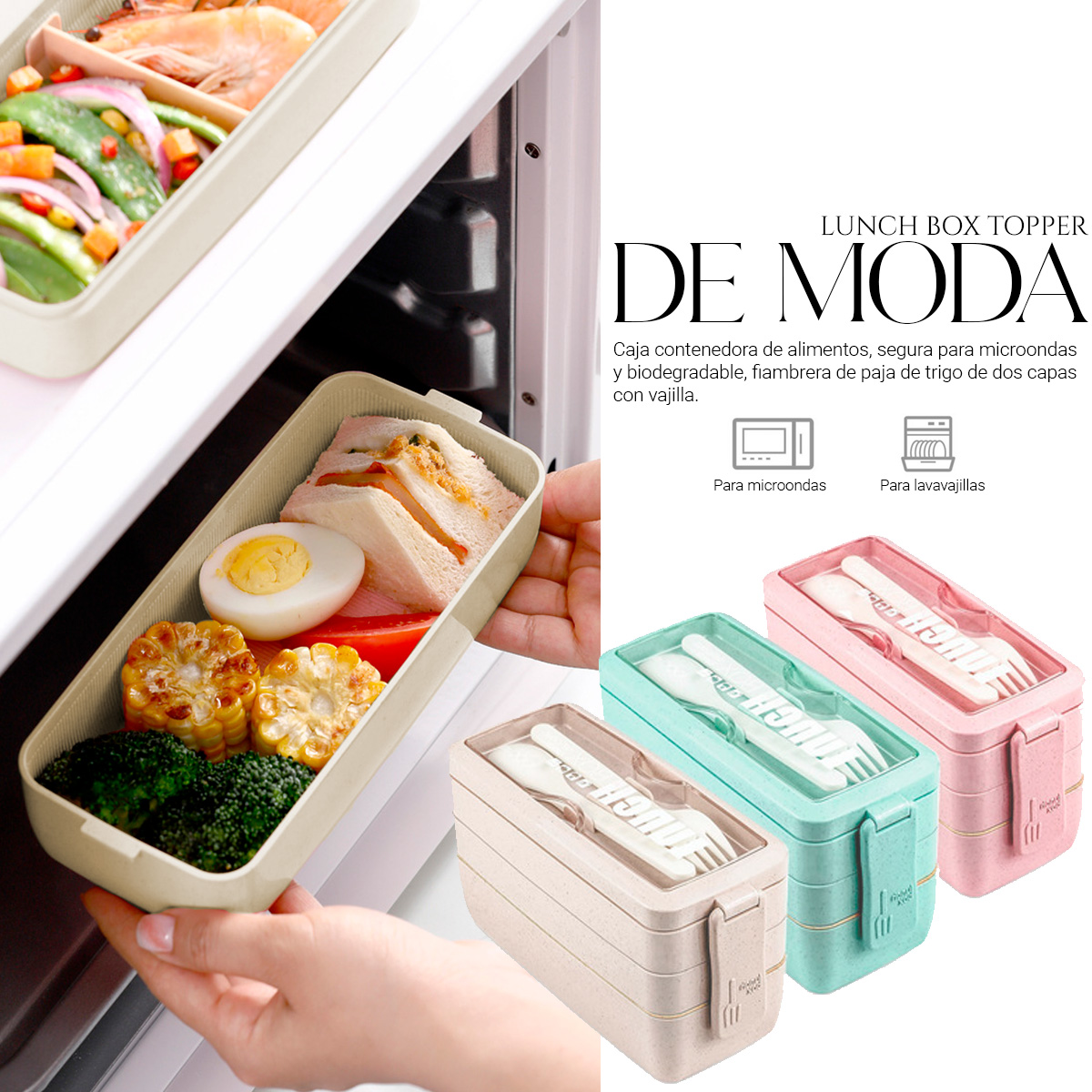 Foto 6 pulgar | Lunch Box 3 Niveles Topper 1000ml Lonchera Bamboo Cubiertos Crema
