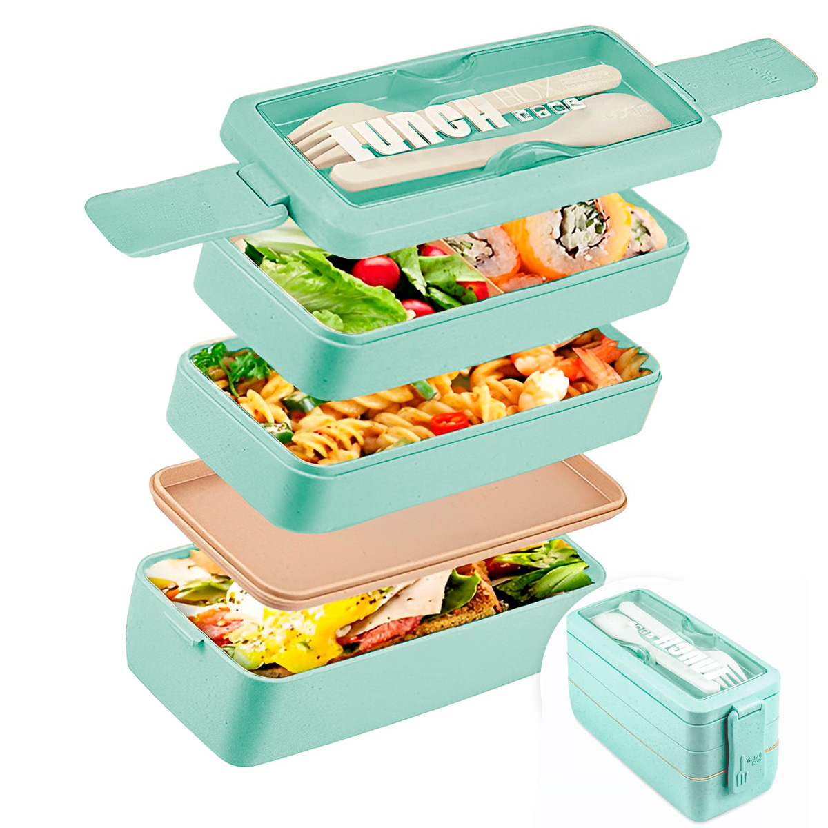 Foto 1 | Lunch Box 3 Niveles Topper 1000ml Lonchera Bamboo Cubiertos Agua