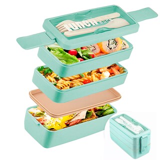 Foto 1 | Lunch Box 3 Niveles Topper 1000ml Lonchera Bamboo Cubiertos Agua