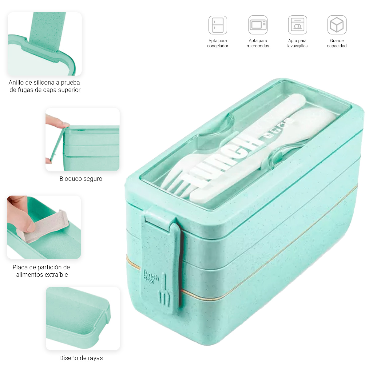 Foto 2 | Lunch Box 3 Niveles Topper 1000ml Lonchera Bamboo Cubiertos Agua