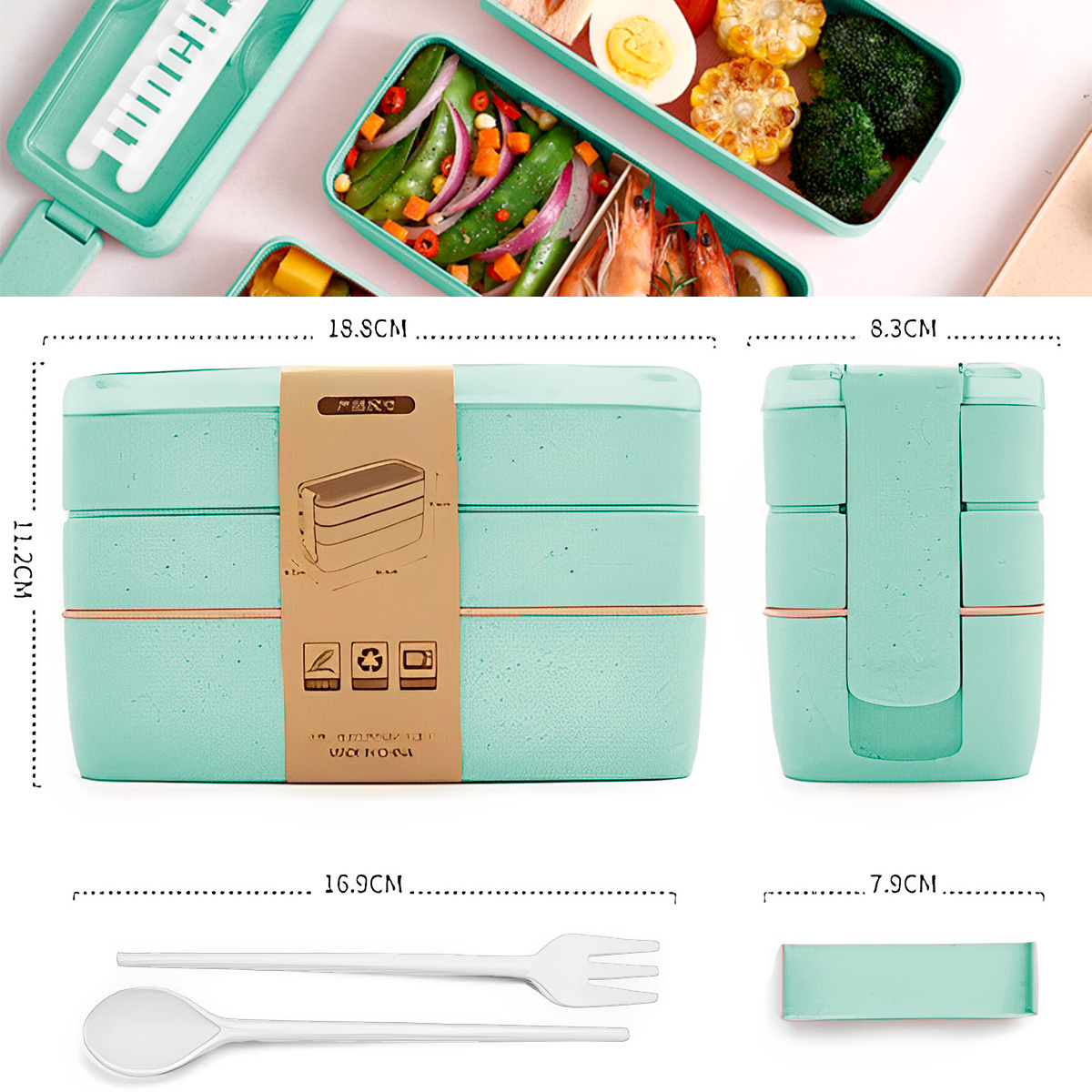 Foto 3 | Lunch Box 3 Niveles Topper 1000ml Lonchera Bamboo Cubiertos Agua