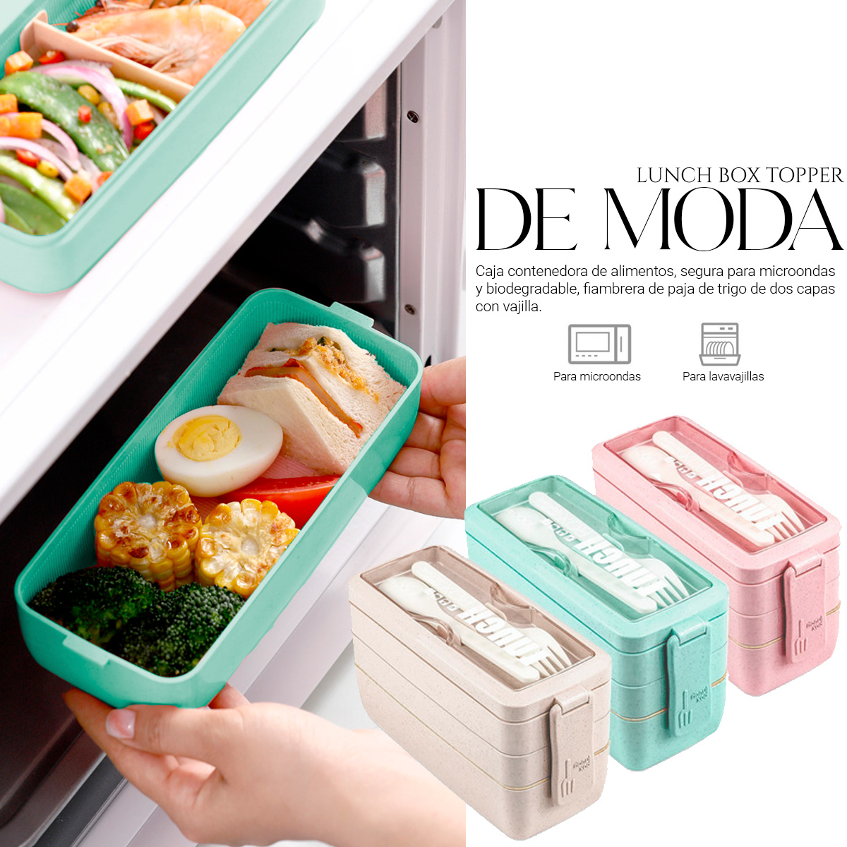 Foto 5 | Lunch Box 3 Niveles Topper 1000ml Lonchera Bamboo Cubiertos Agua