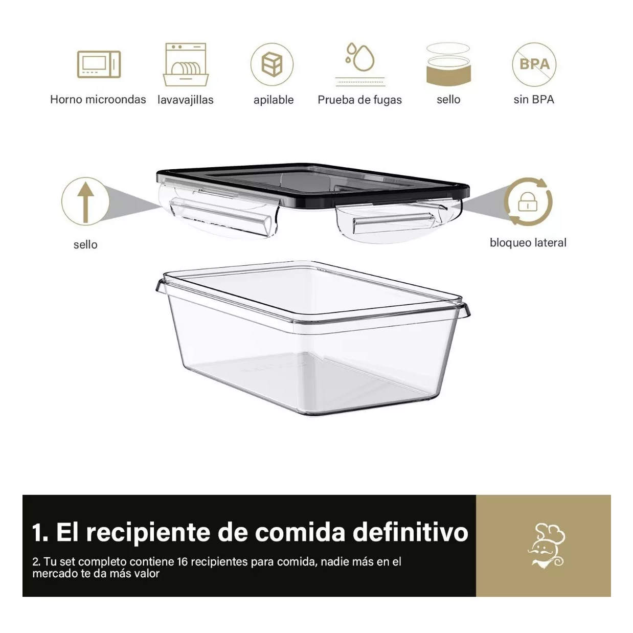 Foto 3 | Contenedores Plásticos Herméticos Para Almacenar 16 Piezas Con Tapa, Transparente