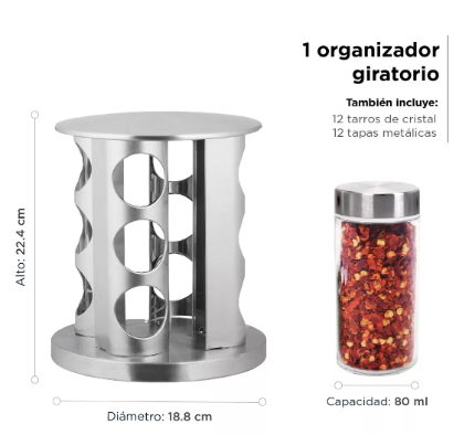 Foto 4 | Especiero Moderno Giratorio Organizador De Cocina 12 Frascos Color Gris