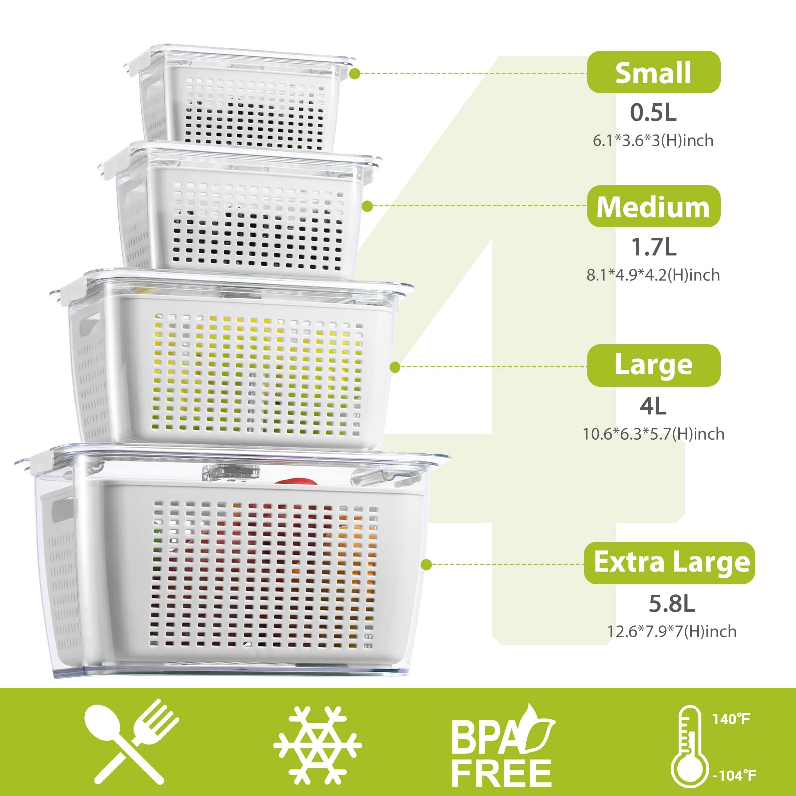 Foto 3 pulgar | Recipientes Para Nevera Para Frutas Y Verduras Luxear Con Tapas, Paquete De 4 - Venta Internacional.