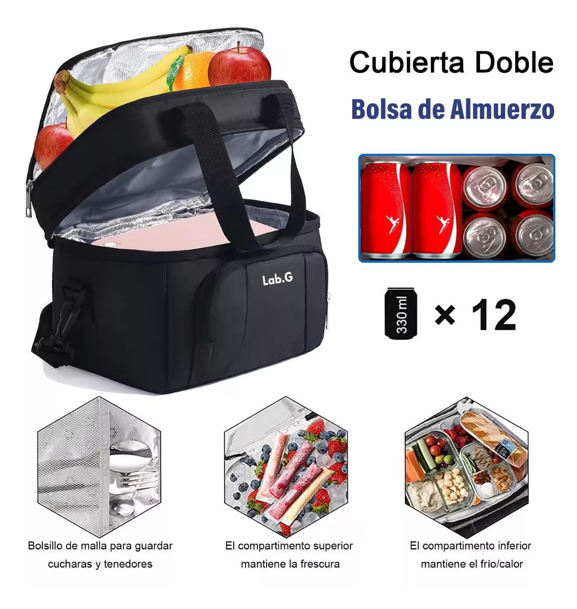 Foto 2 | Lonchera Termica Lab.g Aislante De Gran Capacidad Portátil, Negro