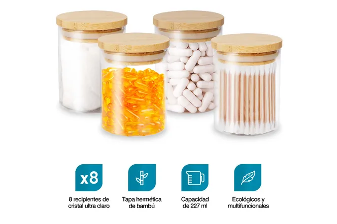 Foto 4 pulgar | Recipientes Xtellar Herméticos De Vidrio Con Tapa De Bambú