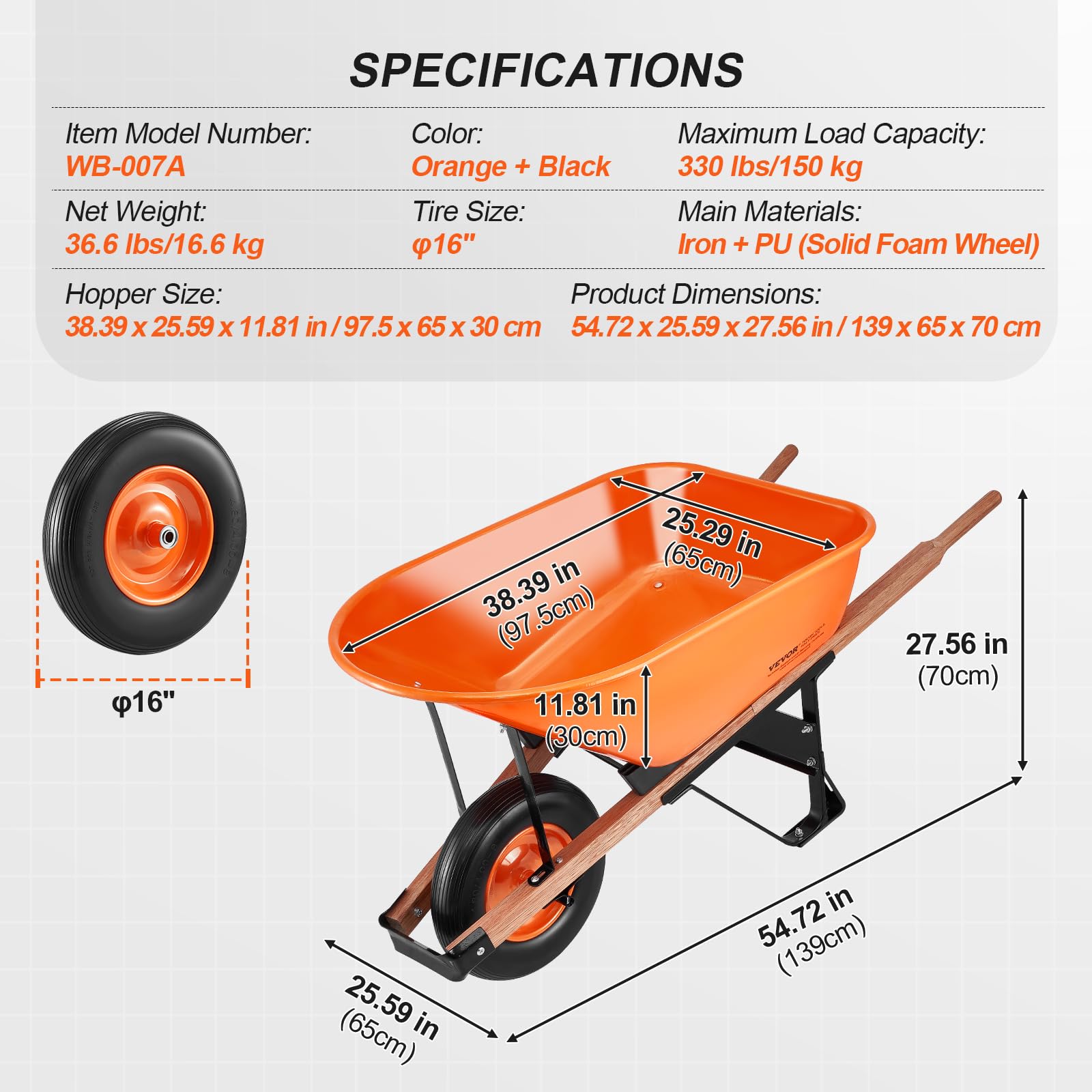 Foto 7 | Carretilla Vevor De 6 Pies Cúbicos, Carga 150 Kg, Capacidad 150 Kg - Venta Internacional.