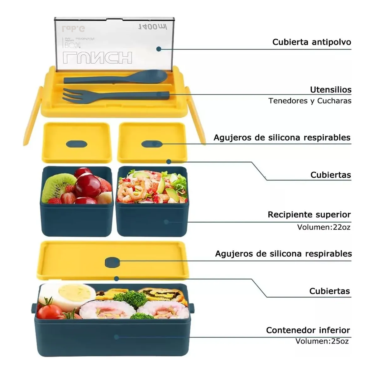 Foto 2 | Lunch Box 2 Niveles Fiambrera Desmontable Azul Con Amarillo Lab.g Multicolor
