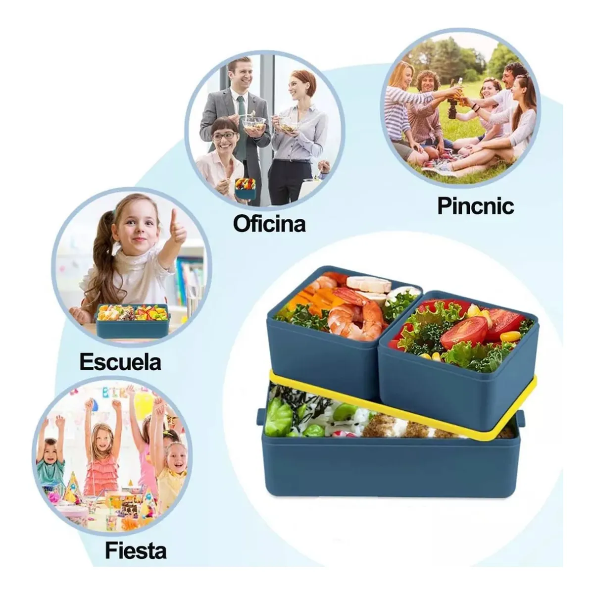 Foto 4 | Lunch Box 2 Niveles Fiambrera Desmontable Azul Con Amarillo Lab.g Multicolor