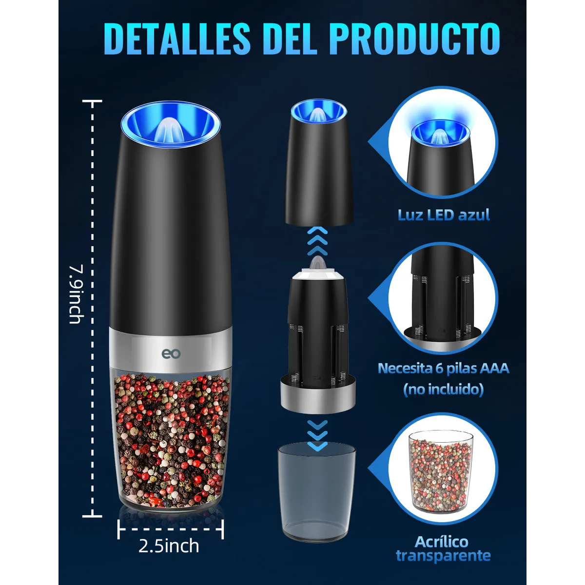 Foto 5 pulgar | Molinillo Eléctrico De Sal Y Pimienta Luz Led Eo Safe Imports Esi-20649 Negro