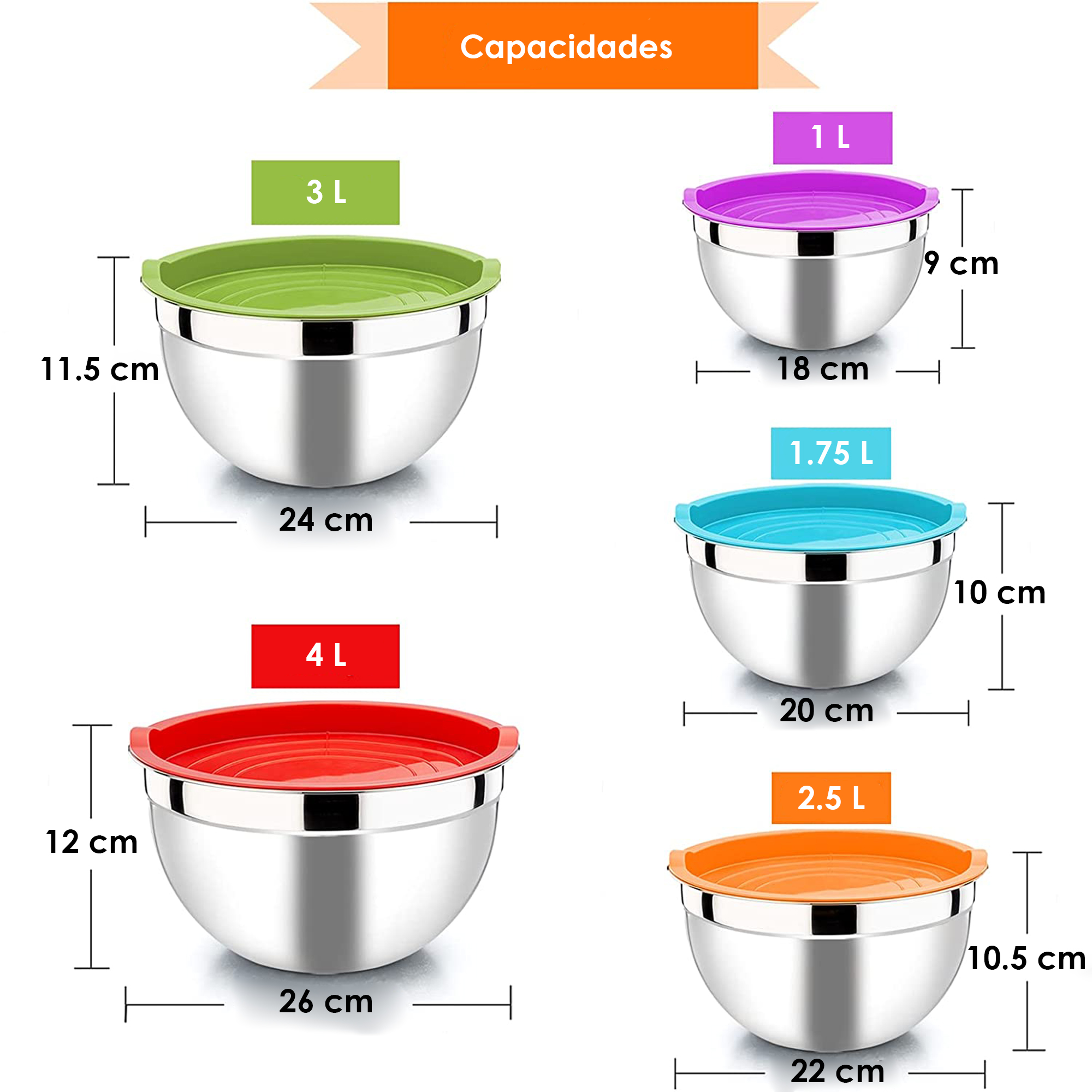 Foto 4 pulgar | Juego de Ensaladeras Bowl Aquila Multicolor Acero Inoxidable 5 Piezas