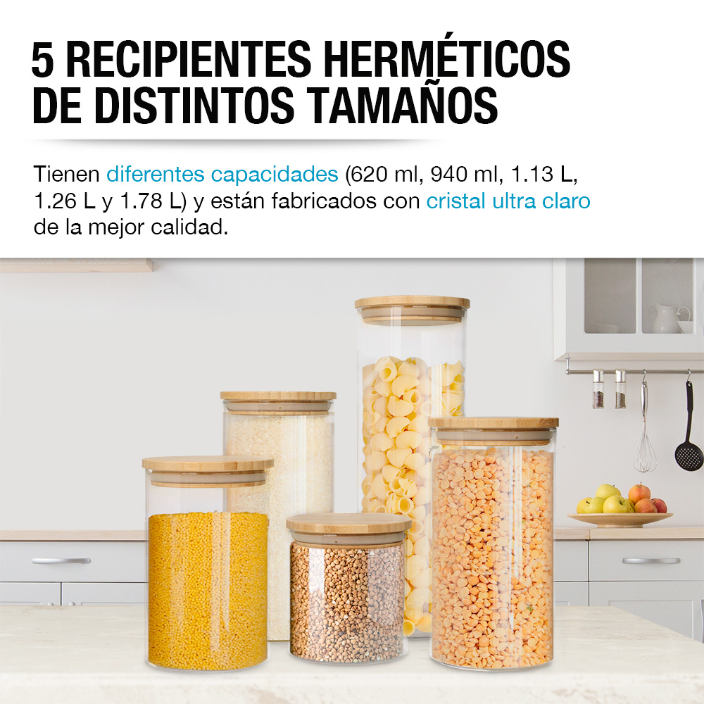 Foto 4 pulgar | Recipientes Herméticos de Vidrio con Tapa de Bambú Casa Litus 5 Piezas Transparente