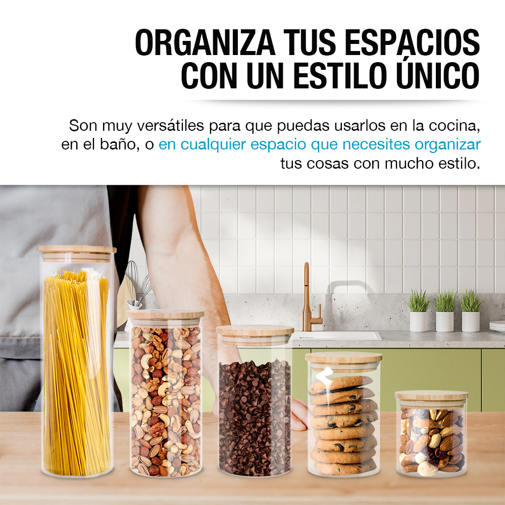 Foto 4 | Recipientes Herméticos de Vidrio con Tapa de Bambú Casa Litus 5 Piezas Transparente