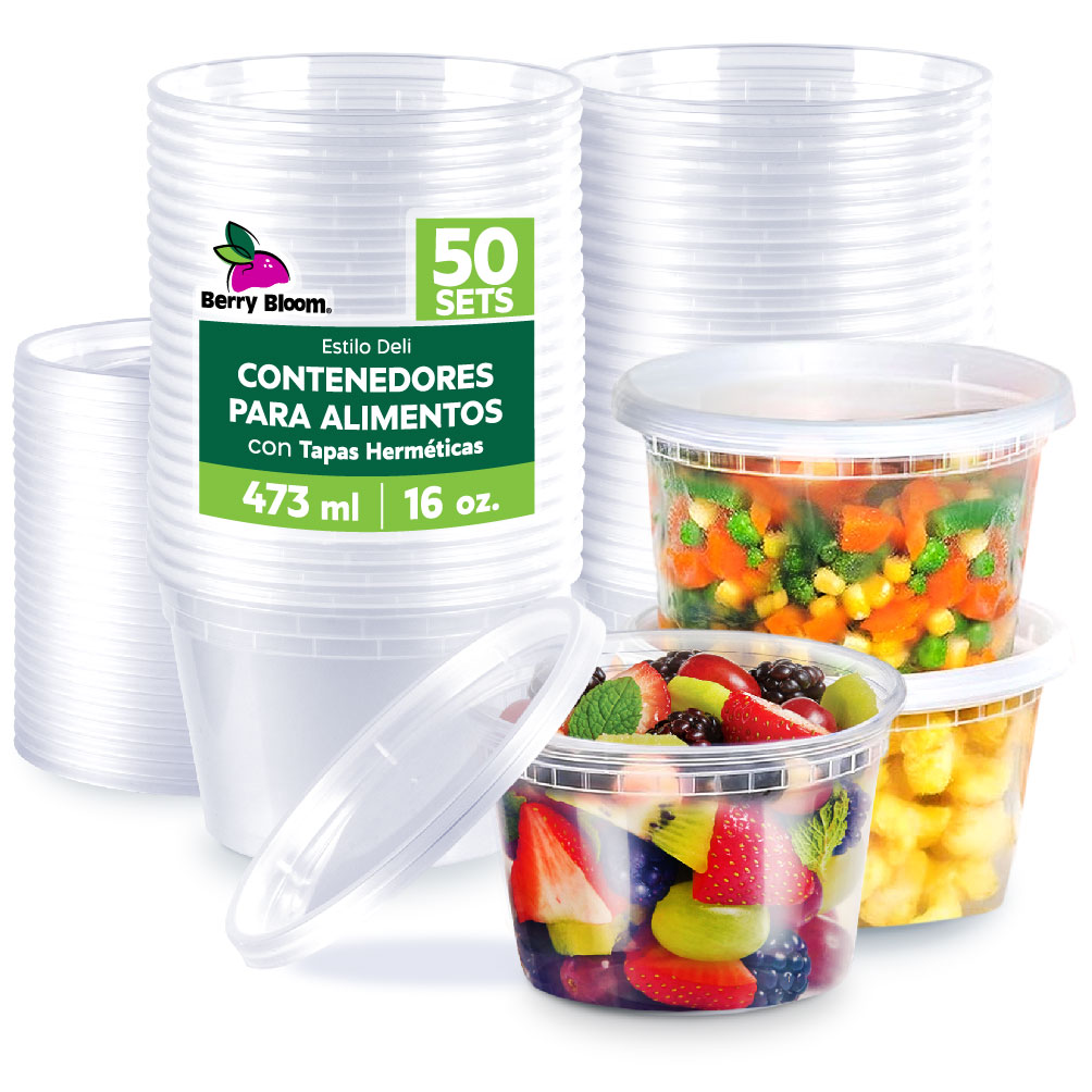 Berry Bloom 50 Contenedores De Alimentos Reutilizables Deli: Circulares, Con Tapas, Capacidad De 16 Oz (473 Ml)