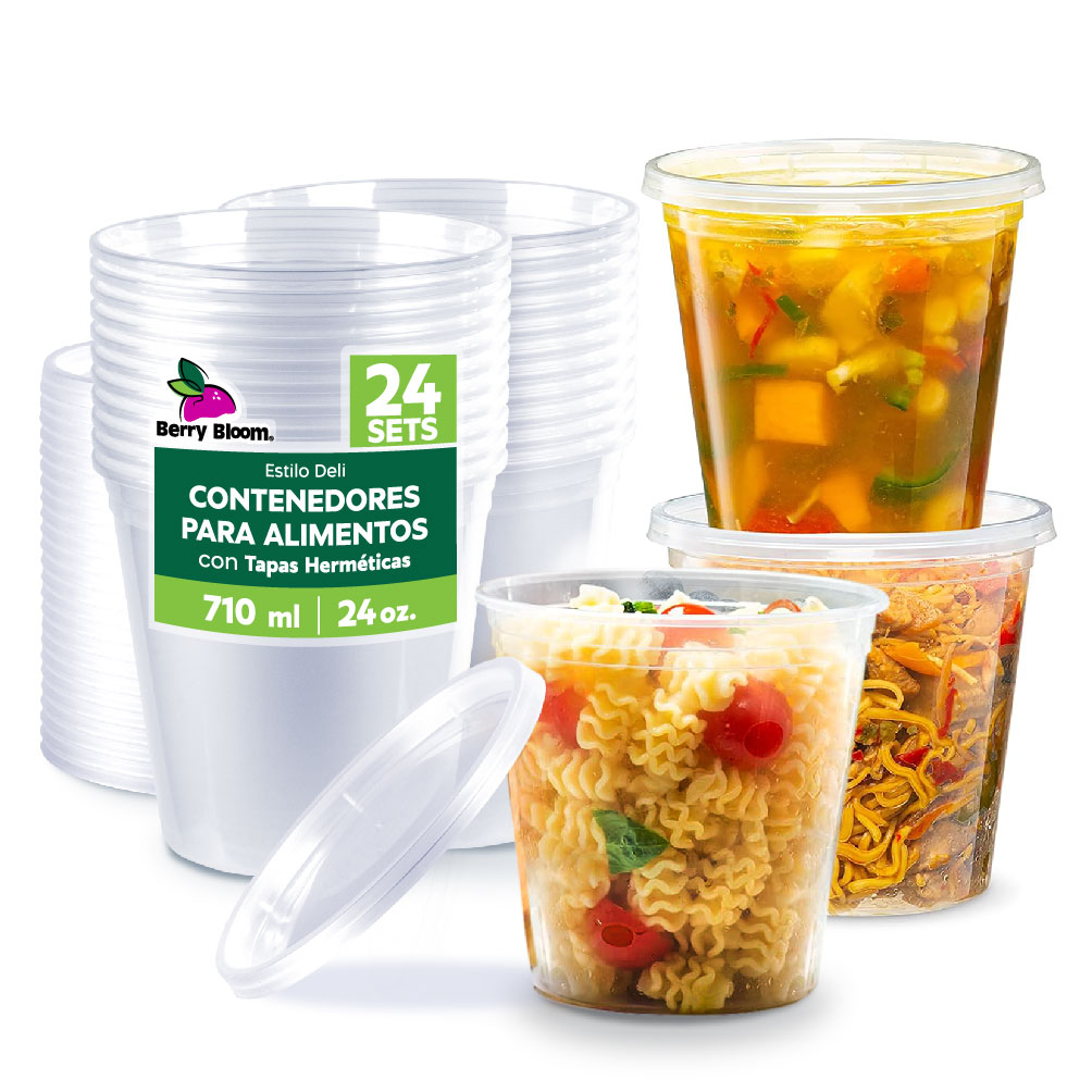 Berry Bloom 24 Contenedores De Alimentos Reutilizables Deli: Circulares, Con Tapas, Capacidad De 24 Oz (710 Ml)