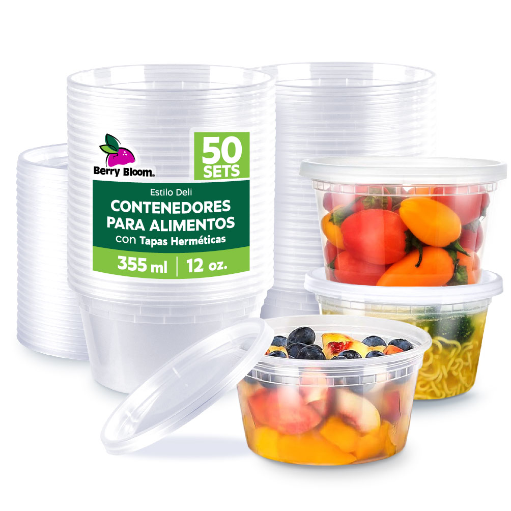 Berry Bloom 50 Contenedores De Alimentos Reutilizables Deli: Circulares, Con Tapas, Capacidad De 12 Oz (355 Ml)