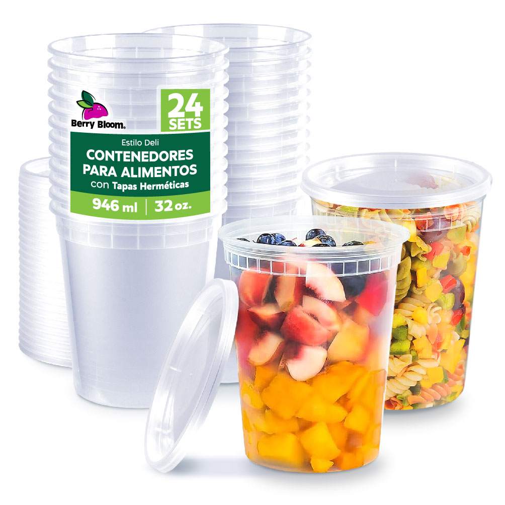 Berry Bloom 24 Contenedores De Alimentos Reutilizables Deli: Circulares, Con Tapas, Capacidad De 32 Oz (946 Ml)