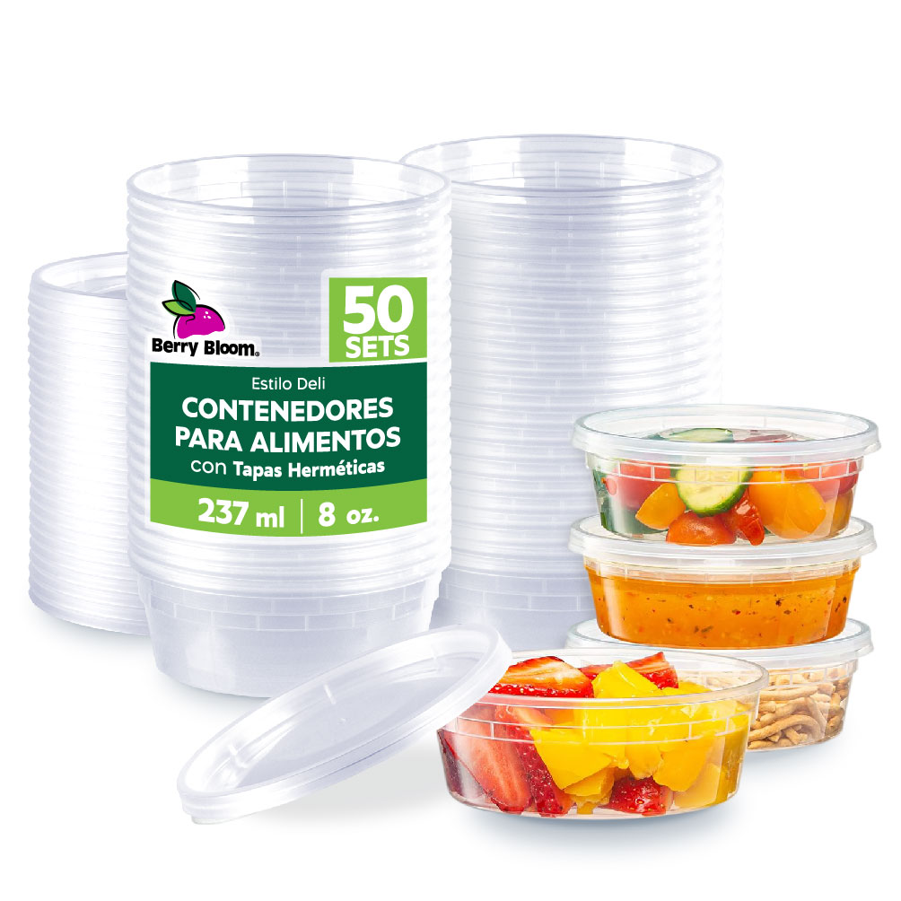 Berry Bloom 50 Contenedores De Alimentos Reutilizables Deli: Circulares, Con Tapas, Capacidad De 8 Oz (237 Ml)