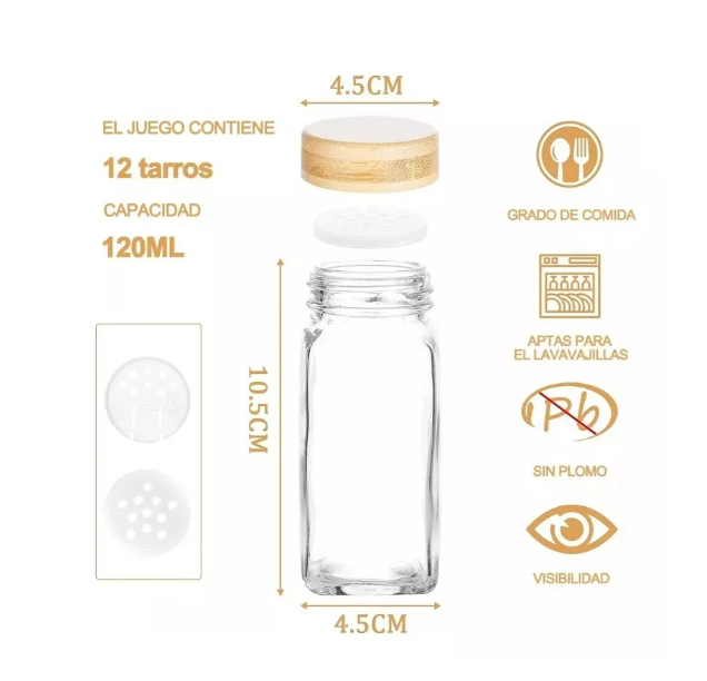 Foto 4 pulgar | Juego de 12 Frascos de Vidrio Especieros Wünd con Tapa Almacenamiento 120 ml