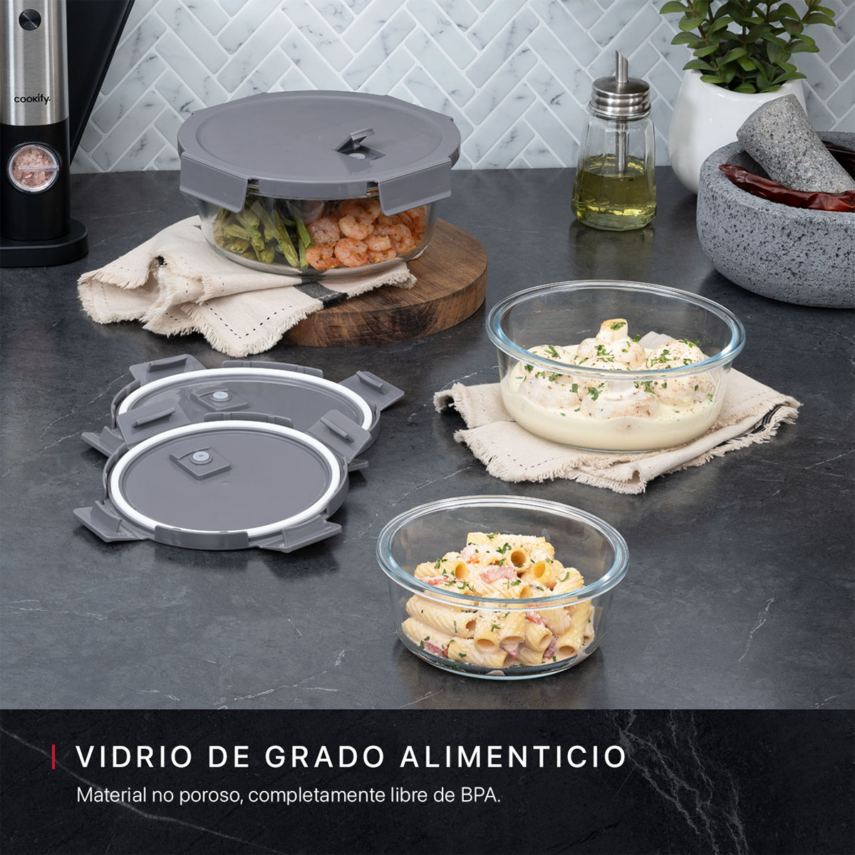 Foto 2 | Set de 3 Contenedores de Vidrio con Tapa Cookify Redondos Herméticos