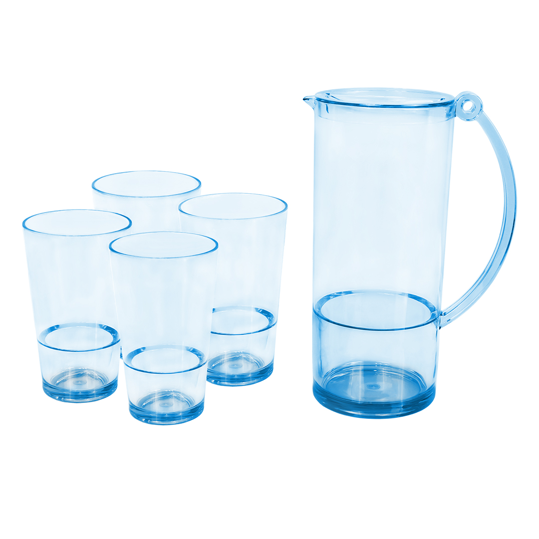 Set De Jarra Transparente Azul Con 4 Vasos – Plástico Resistente