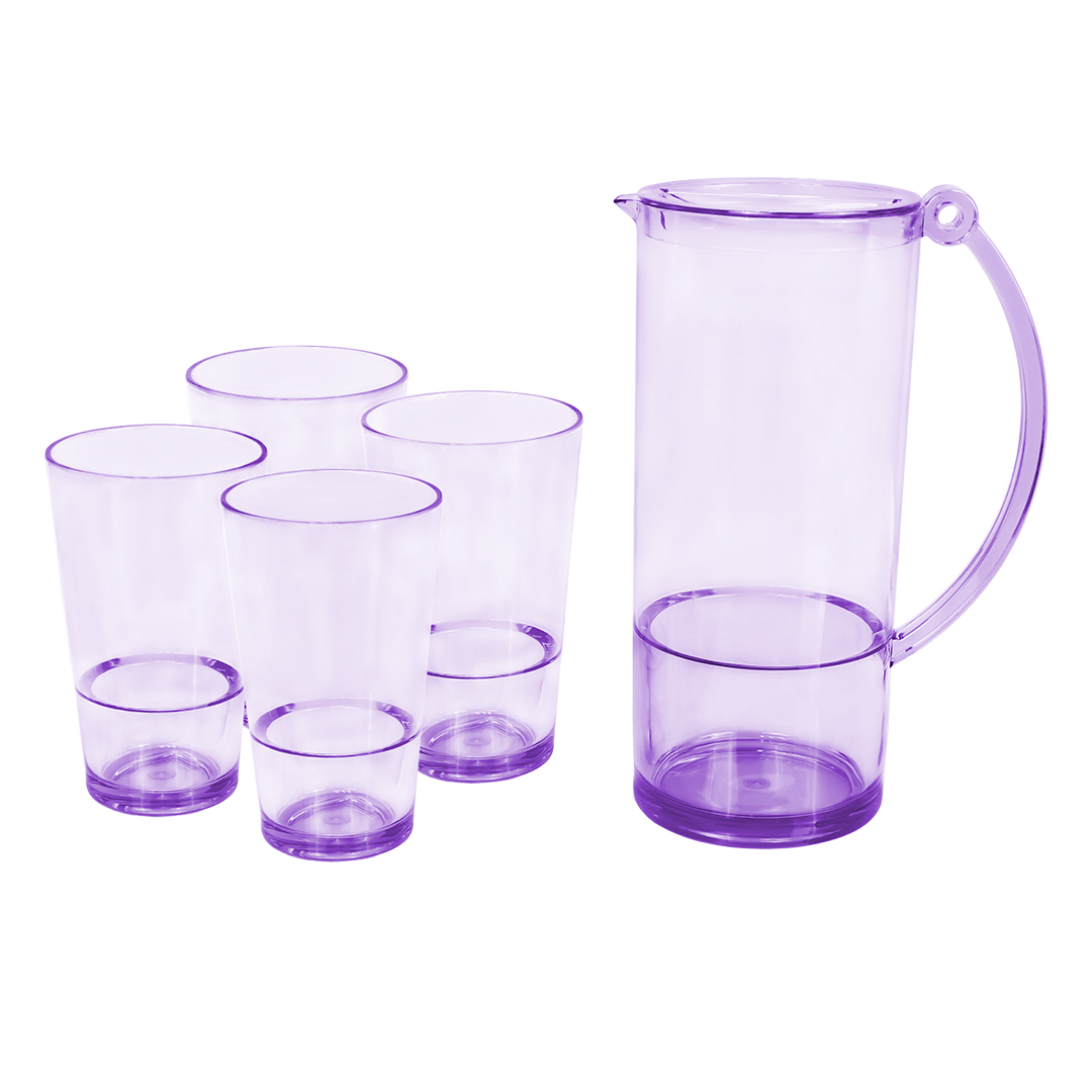 Set De Jarra Transparente Morada Con 4 Vasos – Plástico Resistente