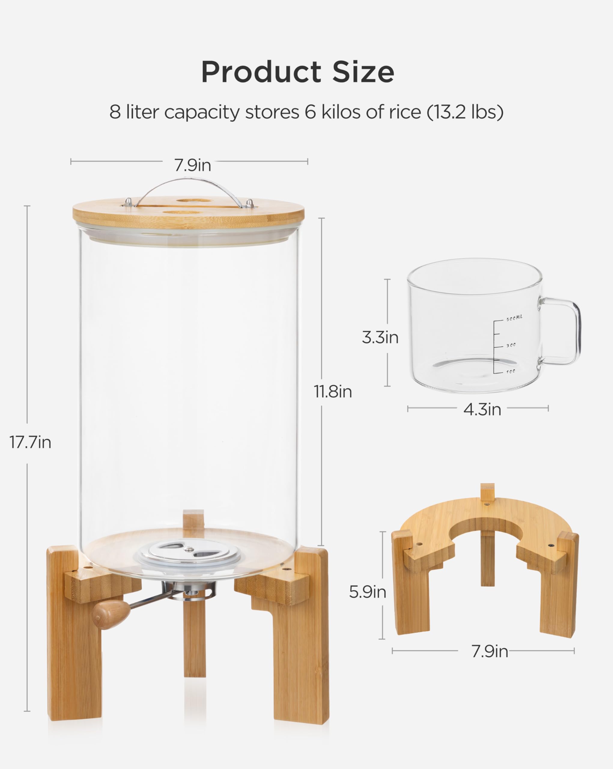 Foto 3 pulgar | Dispensador De Arroz Hblife De Vidrio De 8 Litros Con Soporte De Madera Y Taza Medidora - Venta Internacional.
