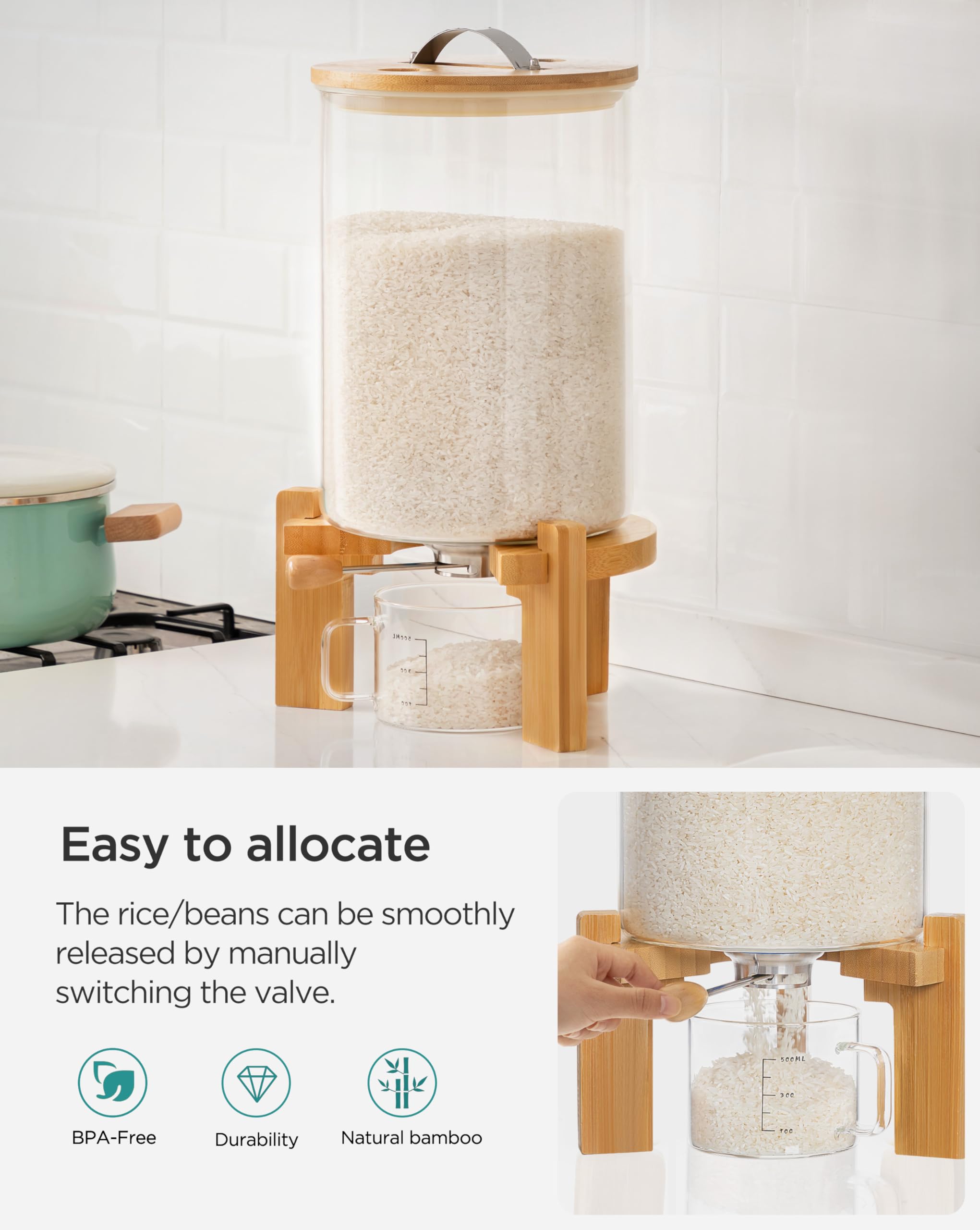 Foto 4 pulgar | Dispensador De Arroz Hblife De Vidrio De 8 Litros Con Soporte De Madera Y Taza Medidora - Venta Internacional.