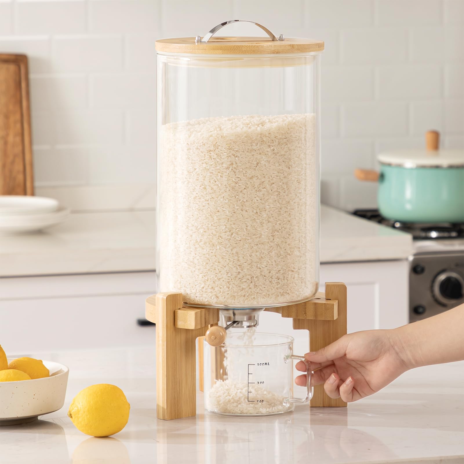 Foto 6 pulgar | Dispensador De Arroz Hblife De Vidrio De 8 Litros Con Soporte De Madera Y Taza Medidora - Venta Internacional.