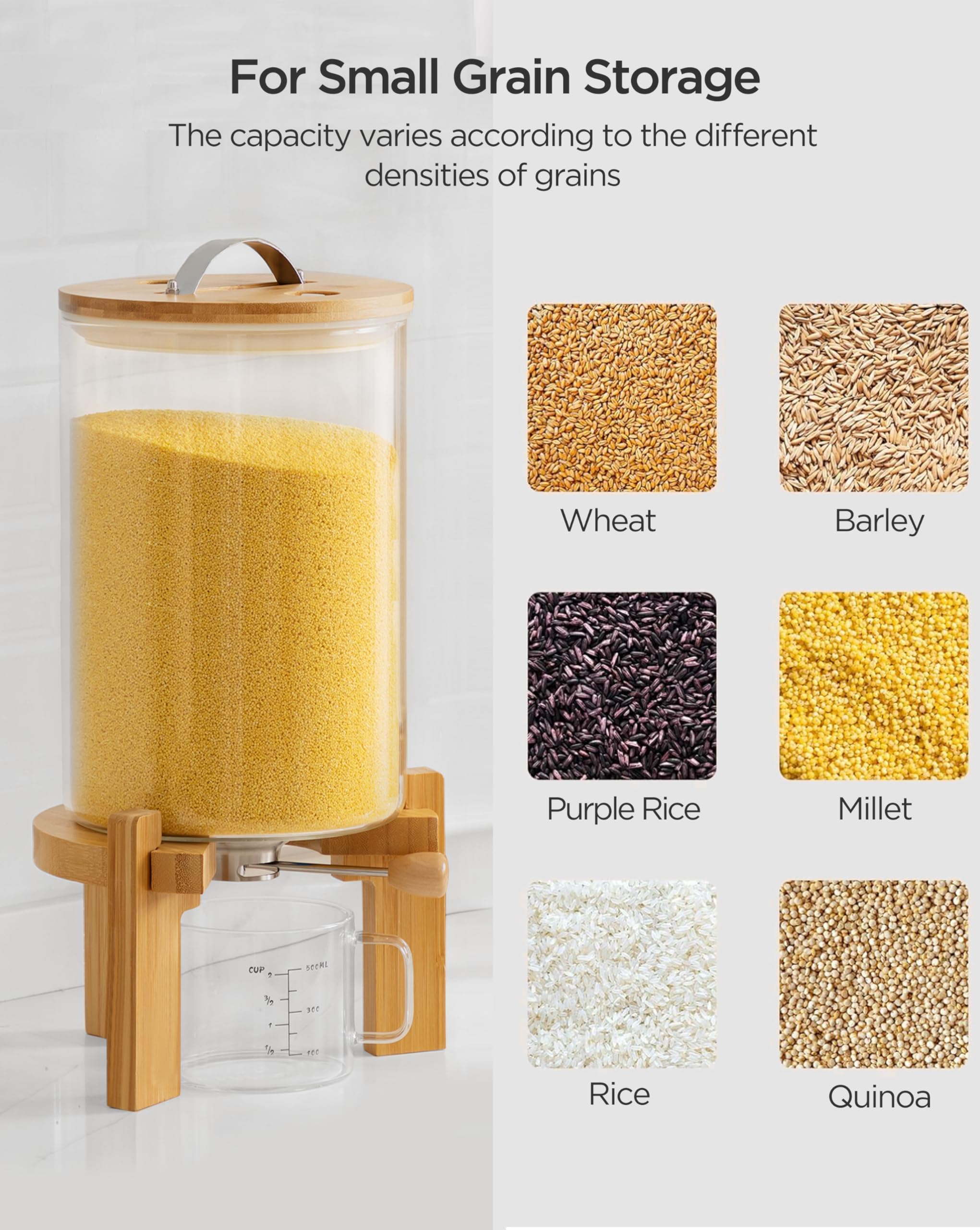 Foto 7 pulgar | Dispensador De Arroz Hblife De Vidrio De 8 Litros Con Soporte De Madera Y Taza Medidora - Venta Internacional.