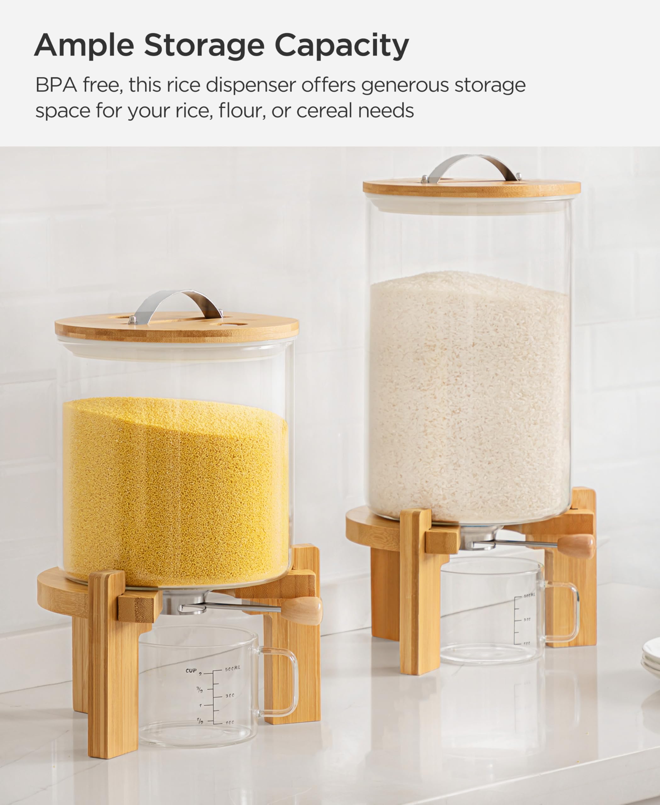 Foto 7 | Dispensador De Arroz Hblife De Vidrio De 8 Litros Con Soporte De Madera Y Taza Medidora - Venta Internacional.