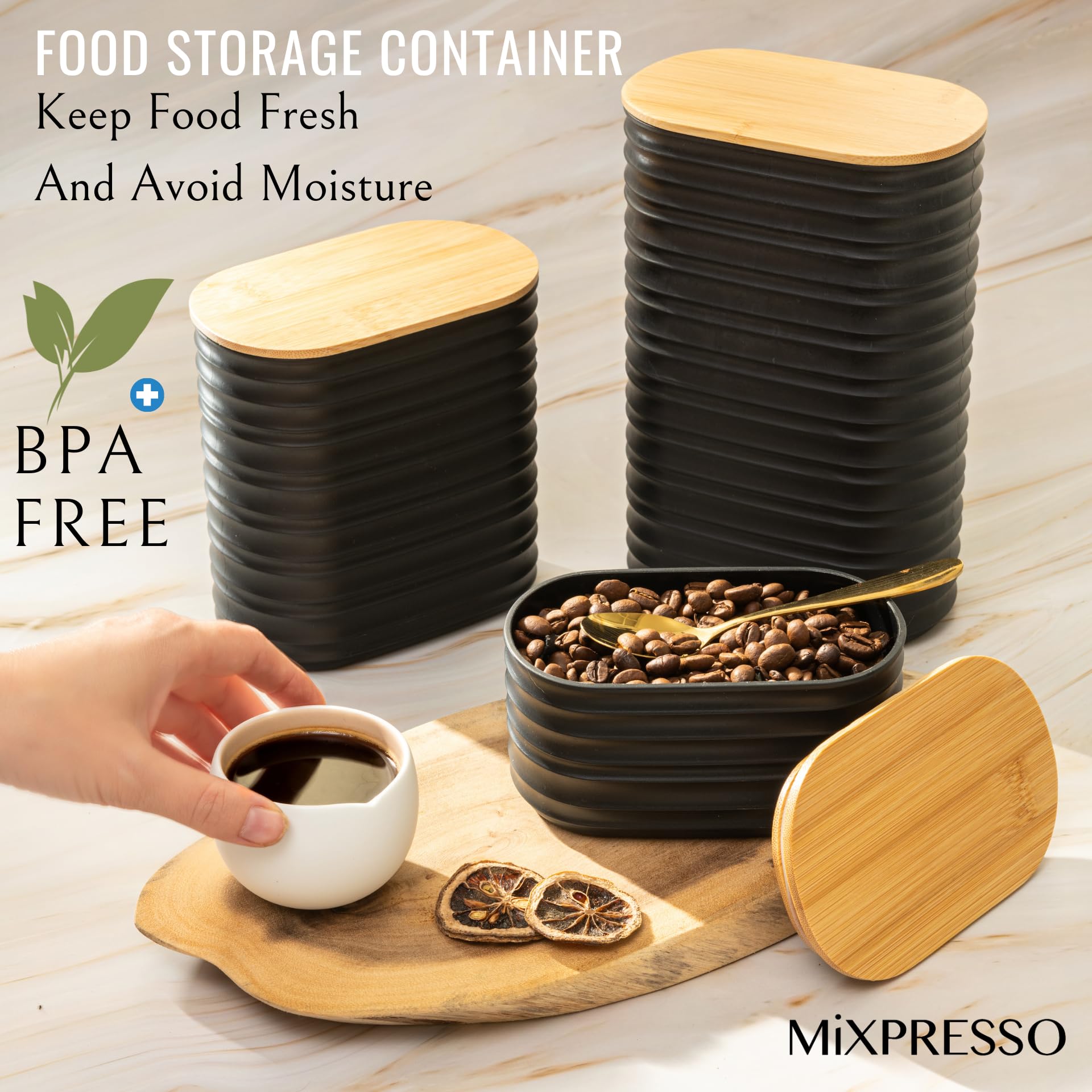 Foto 5 pulgar | Juego De Recipientes De Cocina Mixpresso De Plástico Negro Con Tapa De Bambú - Venta Internacional.