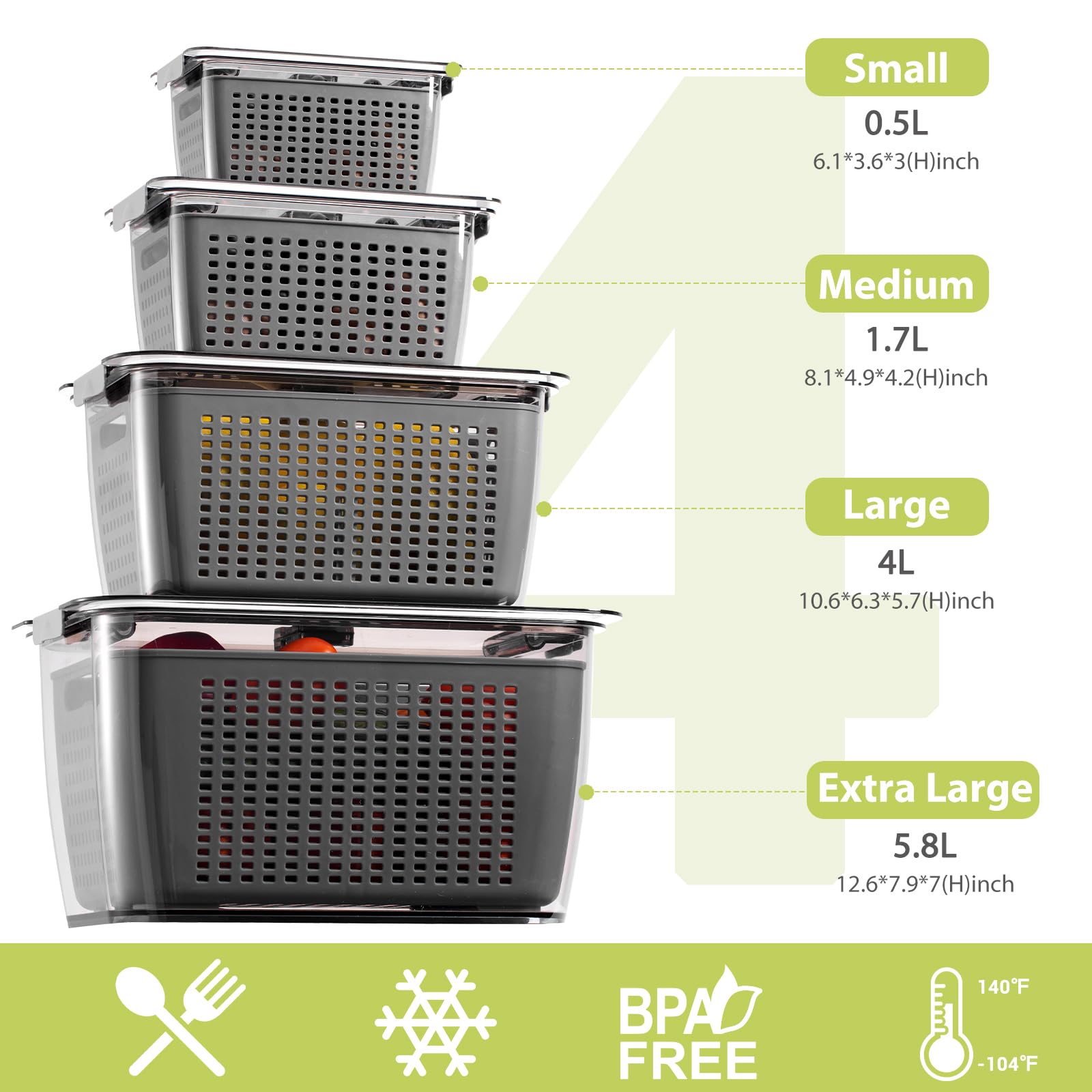 Foto 2 | Recipiente de Almacenamiento de Frutas y Verduras Luxear Gris 4 Unidades - Venta Internacional
