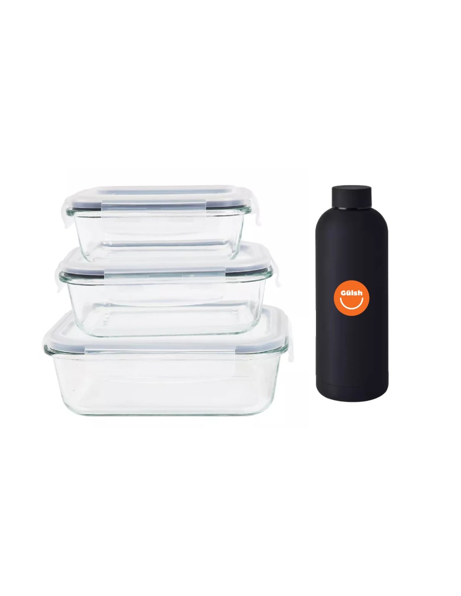 Contenedores De Vidrio Herméticos Con Tapa  + Termo De Agua Güish
