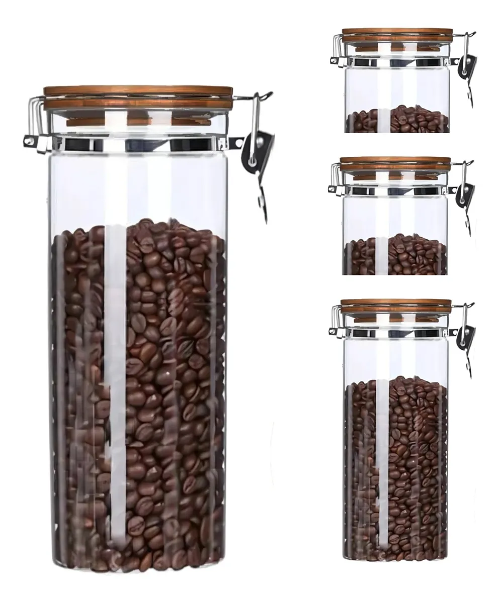 Juego 4 Frascos Vidrio Herméticos Con Tapa De Madera 1700 Ml