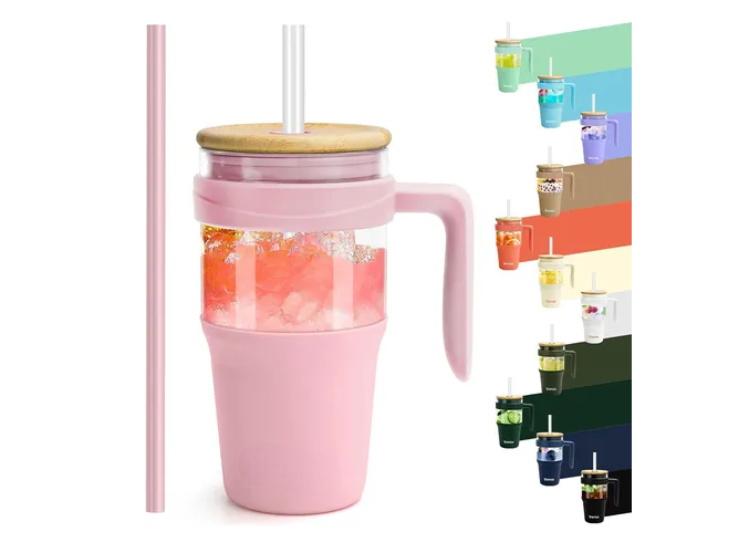 Foto 2 pulgar | Elegante Juego De Vasos Xtellar De Vidrio De Borosilicato 960ml Con Tapas De Bambú Y Pajitas Reutilizables En Color Lil
