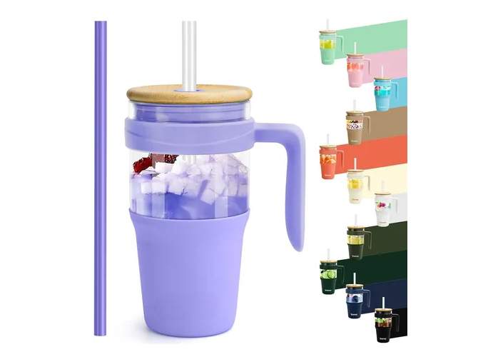 Foto 2 pulgar | Elegante Juego De Vasos Xtellar De Vidrio De Borosilicato 960ml Con Tapas De Bambú Y Pajitas Reutilizables En Color Lil