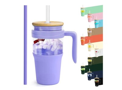 Foto 1 | Elegante Juego De Vasos Xtellar De Vidrio De Borosilicato 960ml Con Tapas De Bambú Y Pajitas Reutilizables En Color Lil