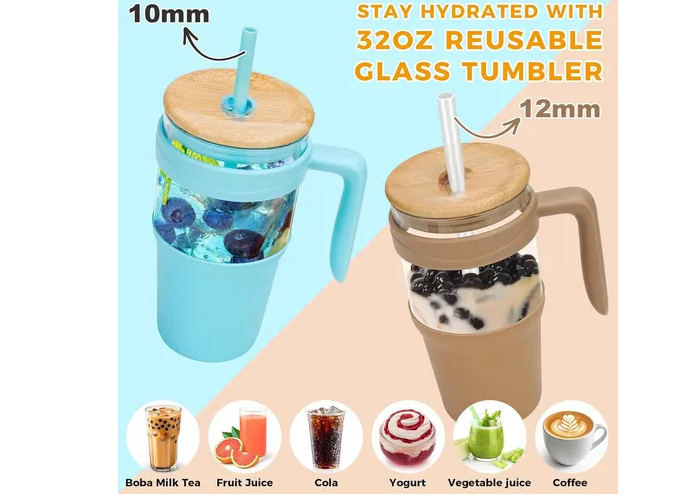 Foto 4 pulgar | Elegante Juego De Vasos Xtellar De Vidrio De Borosilicato 960ml Con Tapas De Bambú Y Pajitas Reutilizables En Color Lil