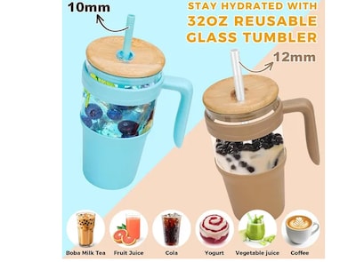 Foto 3 | Elegante Juego De Vasos Xtellar De Vidrio De Borosilicato 960ml Con Tapas De Bambú Y Pajitas Reutilizables En Color Lil