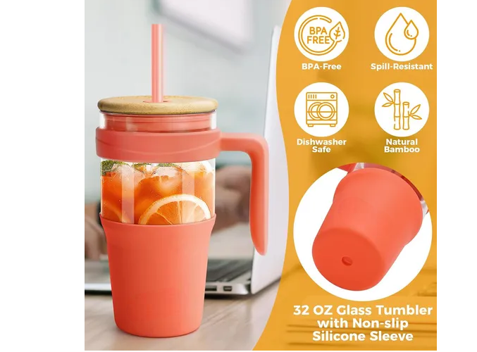 Foto 5 pulgar | Elegante Juego De Vasos Xtellar De Vidrio De Borosilicato 960ml Con Tapas De Bambú Y Pajitas Reutilizables En Color Lil