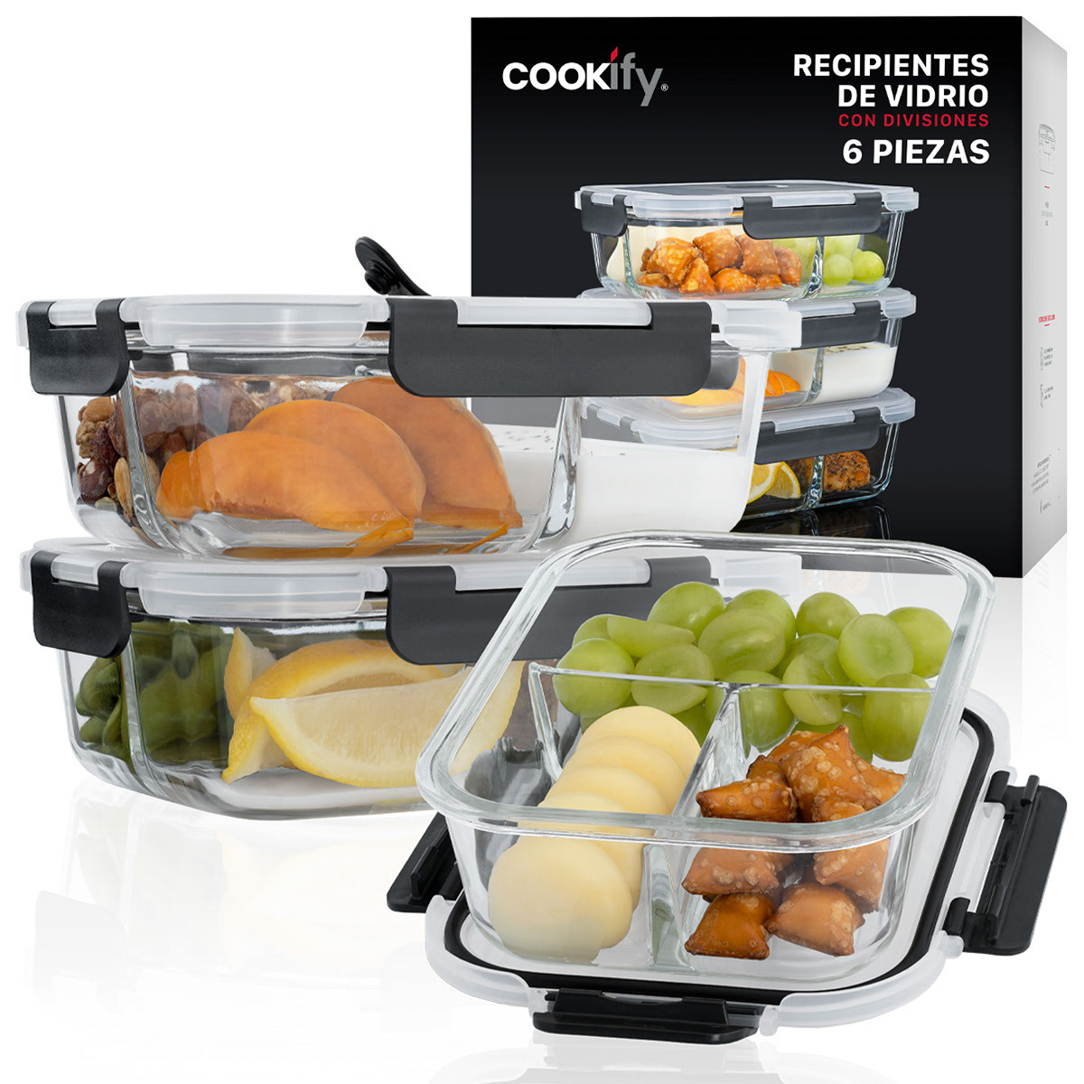 Set De 3 Contenedores De Vidrio Con Tapa Cookify Con Divisiones  Herméticos